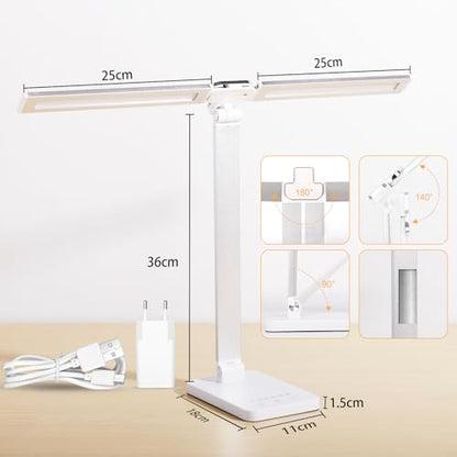 LAOPAO LED Desk Lamp, Dual Head Desk Light, 5 Levels Dimmable & 3 Color Modes Eye-Caring Table Light with USB Charging Port, Table Lamp for Reading, Studying, Home Office,White - color: White1