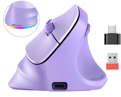 MEETION Ergonomic Mouse, Wireless Vertical Mouse RGB Backlit, Rechargeable Mice for Bluetooth(5.2+3.0) & USB-A with USB-C Adapter, 4 Adjustable DPI Compatible Mac/Windows/Andriod/PC/Tablet/iPad Purple - color: Purple