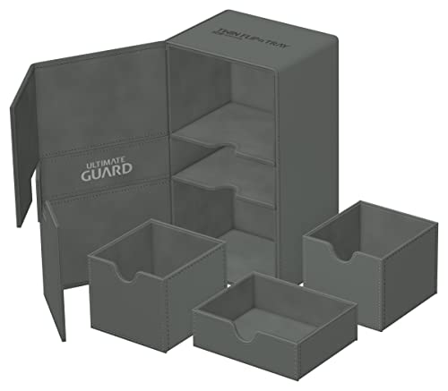 Ultimate Guard Twin Flip'n'Tray 200+, Deck Case for 200 Double-Sleeved TCG Cards + Dice Tray, Grey, Independent Magnetic Closure & Microfiber Inner Lining - color: Grey
