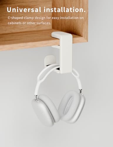 Headphone Hook Under Desk Holder 360-Degree Adjustable Rotation, White | Fits 0.47-1.57 in desks as headset stand hanger, easy spring clamp, soft rubber pads, built-in loop for cable organizer - color: Creamy White