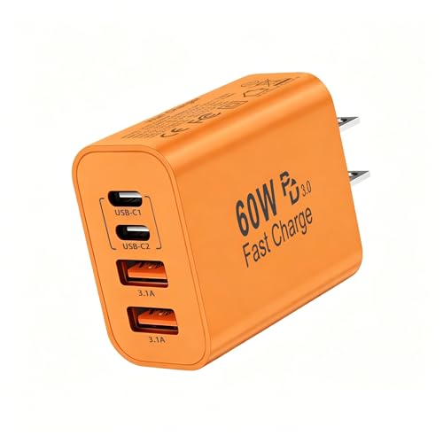 60W USB C Charger Block,4-Port USB C Wall Charger iPhone Charger Fast Charging Power Adapter+QC Wall Plug Multiport Type C Brick Chargers for iPhone 17 16 15 14 13 12 Pro Max,iPad Pro/Air/Mini-Orange - color: Orange, size: 1pack