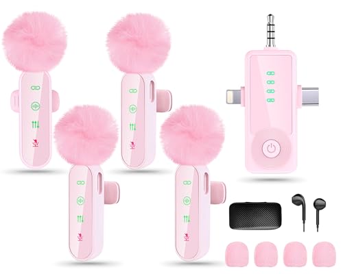 4 Packs Wireless Lavalier Microphone for iPhone/Android/Camera, Upgraded Mini Microphone with Noise Reduction,Mic for Video Recording, Podcasts, YouTube, TikTok, and Vlogging (Pink) - color: Pink