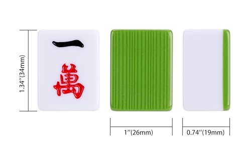 Traditional Chinese Mahjong Set 144 Melamine 34mm Tiles No Arabic Numerals | Standard 34mm green melamine tiles include 144 game tiles plus 2 spares and travel case for complete Mahjong Majiang game set - color: Green