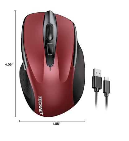 TECKNET Wireless Mouse Rechargeable, 2.4G Computer Mice with USB-A Receiver | 2.4G Connection, 800mAh Battery, 3X Faster Charging, Silent Click, 6-Level 4800 DPI, Ergonomic Design for All-day Comfort - color: Red
