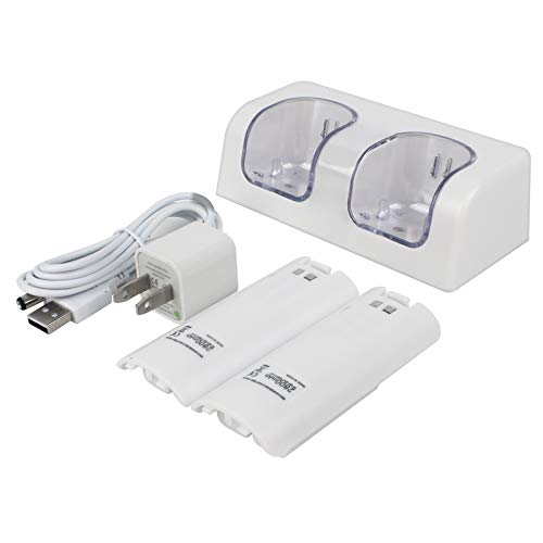 Wii Remote Battery Charger(Free USB Wall Charger+Lengthened Cord) Dual Charging Station Dock with Two Rechargeable Capacity Increased Batteries for Wii U Game Remote Controller (White)