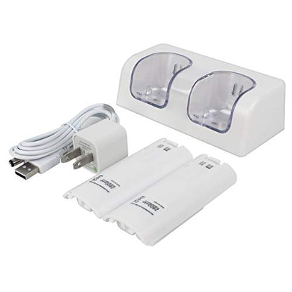Wii Remote Battery Charger(Free USB Wall Charger+Lengthened Cord) Dual Charging Station Dock with Two Rechargeable Capacity Increased Batteries for Wii U Game Remote Controller (White)