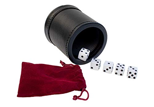 Alex Cramer Golden Gate Dice Shaker Cup Set - 5 White Dice, Drawstring Pouch & Book of Dice Games (Liar’s Dice) Included - Leather Dice Cup - Quiet Shaking. - style: Leather Dice Cup-black liner