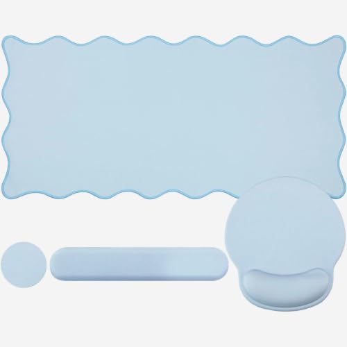 Sabary Scalloped Desk Mat Keyboard Mouse Pad Set 35.5 x 15.7 Inch Blue Preppy Table Mat Keyboard Wrist Rest Cute Aesthetic Mouse Pad with Wrist Rest Coaster Ergonomic Non-Slip Waterproof Gaming Desk - color: Blue, size: 35.5 x 15.7 Inch