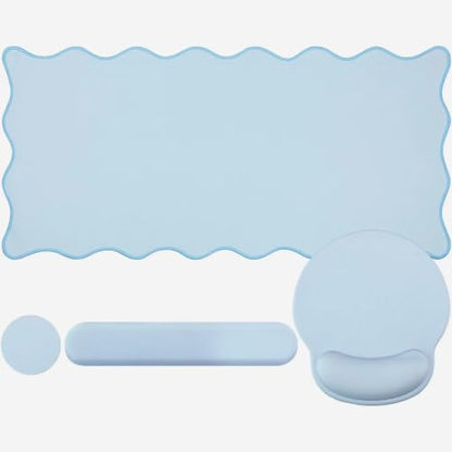 Sabary Scalloped Desk Mat Keyboard Mouse Pad Set 35.5 x 15.7 Inch Blue Preppy Table Mat Keyboard Wrist Rest Cute Aesthetic Mouse Pad with Wrist Rest Coaster Ergonomic Non-Slip Waterproof Gaming Desk - color: Blue, size: 35.5 x 15.7 Inch