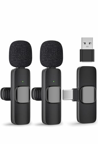 Wireless Lavalier Microphone Set of 2 – Podcast Microphone with Included Adapters, USB C Charging Cable – Lapel Microphone Wireless Ideal for Vlogging Kit, Studio Mic Portable Microphone
