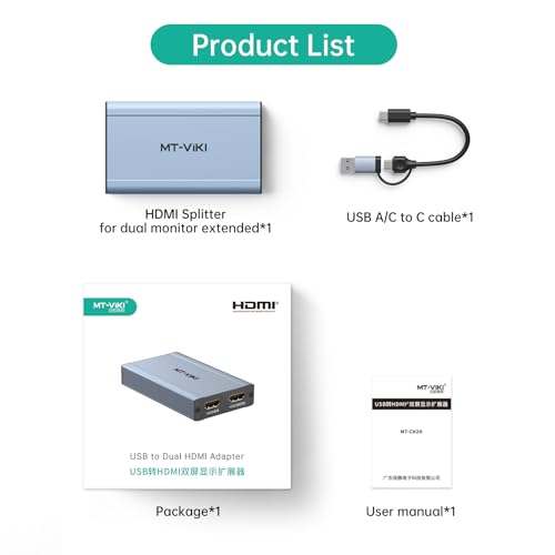 MT-VIKI HDMI Splitter Extended Display for Dual Monitors/Multi-Monitor, 4K@30Hz & 1080P@60Hz, USB 3.0 & USB C Adapter to HDMI for Windows & Mac, Required Driver Installation