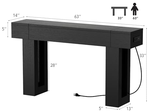 63 Inch Long Console Table w/Outlets & USB Ports, Narrow Rectangular Sofa Table Behind The Couch, Farmhouse Entryway Table for Entrance, Hallway, Living Room(Black with Outlet) - color: Black, style: With Socket