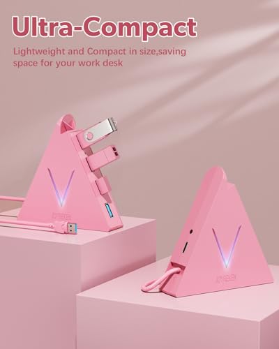 4-Port USB 3.0 Hub, FlyingVHUB Vertical Data USB Hub with 2 ft Extended Cable, for Mac, PC, Xbox One, PS4, PS5, iMac, Surface Pro, XPS, Laptop, Desktop, Flash Drive, Mobile HDD(Pink) - color: Pink-A