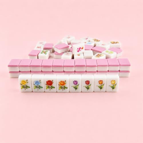 Pink American Mahjong Set, 160 Pink-Back Mah Jongg Tiles, Compact 1.2 x 0.8 x 0.5 in Mahjong Tile Set with Fruit & Floral Designs, Dice, Scoring Chips, Dealer Marker, Rule Cards & Floral Storage Bag