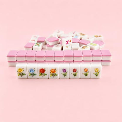 Pink American Mahjong Set, 160 Pink-Back Mah Jongg Tiles, Compact 1.2 x 0.8 x 0.5 in Mahjong Tile Set with Fruit & Floral Designs, Dice, Scoring Chips, Dealer Marker, Rule Cards & Floral Storage Bag