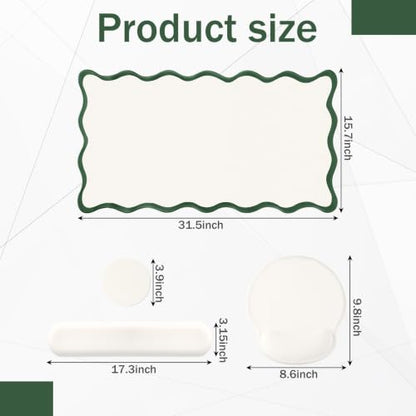 Sabary Scalloped Desk Mat Keyboard Mouse Pad Set 31.5 x 15.7 Inch Green Cute Aesthetic Preppy Table Mat Keyboard Wrist Rest Mouse Pad with Wrist Rest Coaster Ergonomic Non-Slip Waterproof Gaming Desk - color: Green, size: 31.5 x 15.7 Inch