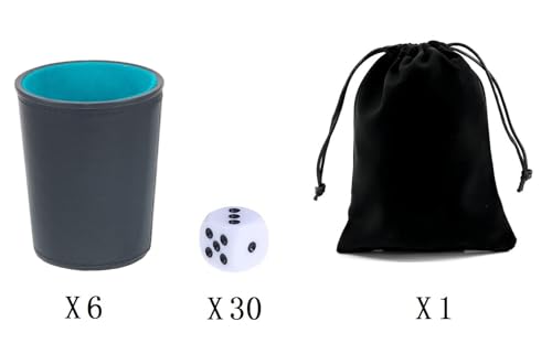 Leather Dice Cup, Quite Felt-Lined Interior, 6 Shaker Cups and 30 Dot Dices, one Carry Bag (Black and Lake Blue) - color: Black and Lake Blue