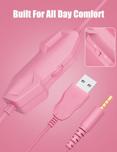 ZIUMIER Pink Wired Gaming Headset with Detachable Cat Ears | Noise Canceling Microphone, LED Light, 50mm Driver, 3.5mm Audio Jack, Compatible with PS4 PS5 Xbox Series X|S Xbox One PC