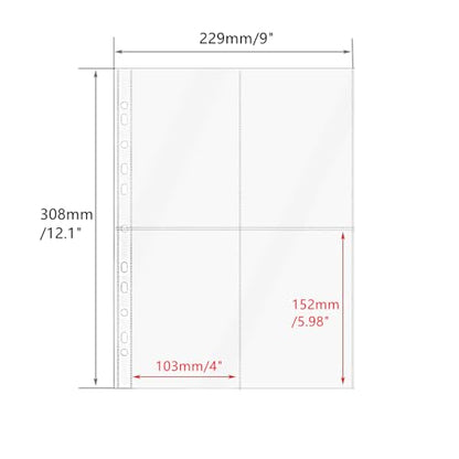 Mogoostry A4 Clear Sheet Protectors 4 Pocket Binder Sleeves 20 Sheets 11 Holes Top Open Photo Album Sleeves Photocard Collection Page Protector - color: 4-pocket Top Open