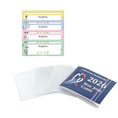 4 Pack Mahjong Line Finder with Card Sleeves Combo, Waterproof Color Rules Helper and Center Opening PVC Protective Covers,Fit 6 1/8" x 4 3/4" Mahjong Cards ，Beginner Friendly Mahjong Supplies