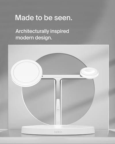 Belkin MagSafe 3 in 1 Wireless Charging Stand, 2nd Gen, 33% Faster | Apple Watch, iPhone 16/15/14, AirPods compatible, multi-device charging station, faster charging, Magnetic - color: White, style: Chrome Finish