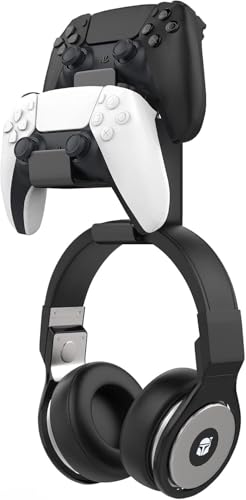 MoKo Controller Wall Mount, Dual Gamepad Headphone Hanger for Xbox PS5 | Holds 2 controllers and one headset, compatible with Xbox Series PS5 PS4 PS3 Switch and most standard gamepads - color: Black