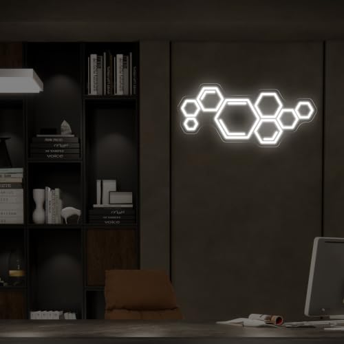 Hexagon Neon Sign, Cool White Geometric LED Light for Gaming Room | Varied hexagons form a connected pattern with a clean futuristic glow - color: Honeycomb