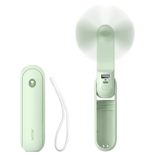 JISULIFE Portable Handheld Fan, 3 In 1-Fan, Power Bank, Flashlight, Green | Mini Cooling Essential for Outdoor, Small, On-the-Go Pocket Hand Design, 19 Hours, Auto Shut-Off Safety Soft Blade - color: Green