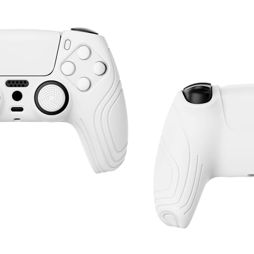 eXtremeRate PlayVital Samurai Edition White Anti-Slip Controller Grip Silicone Skin for ps5, Ergonomic Soft Rubber Protective Case for ps5 Controller with White Thumb Stick Caps - color: White