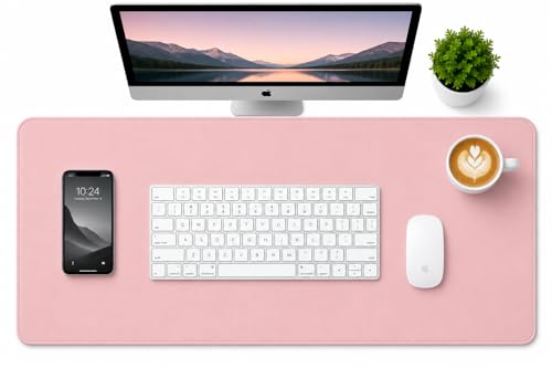 PU Leather Desk Mat, Large Extended Mouse Pad with Stitched Edges, Waterproof Non-Slip Desk Pad for Home Office Gaming Desk (Pink, 35.5x17.4) - color: Pink, size: 35.5" x 17.4"