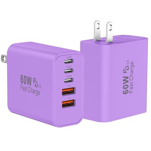 USB C Fast Wall Charger Block, 2Pack 60W USBC Charging Cubes, 5-Port PD+QC Power Adapter Multiport Brick Type C Box Plug for Phone 16/15/14/13/12/11/Pro Max/Plus, Pad Mini/Pro/S25/S24-Purple - color: Purple