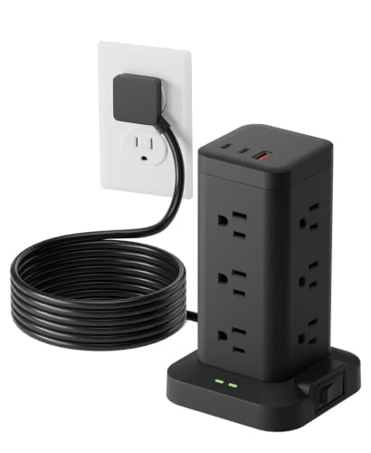 Power Strip Tower with Surge Protector 1800J, Fast Charging Tower PD20W USB-C Ports with 12 AC Outlets, Extension Cord for Home Office Dorm Room, 9.8ft, Black - color: Black, size: 9.8ft