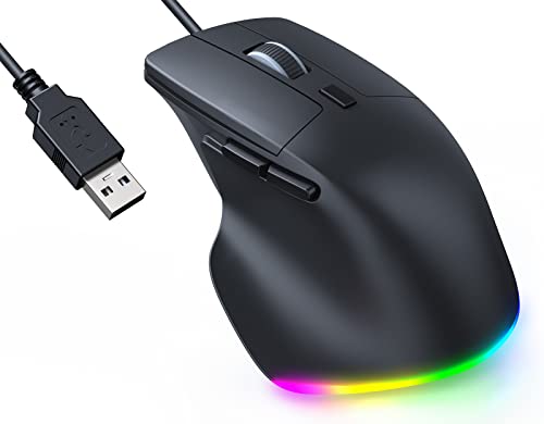 Wired RGB Mouse for Laptop, Ergonomic Computer Mouse, Quiet Click, 4-Level DPI, 7 Buttons, LED Light with Thumb Rest Mouse Compatible for PC/Desktop/Notebook/MAC/Gamer(for Right Hand, Large), Black