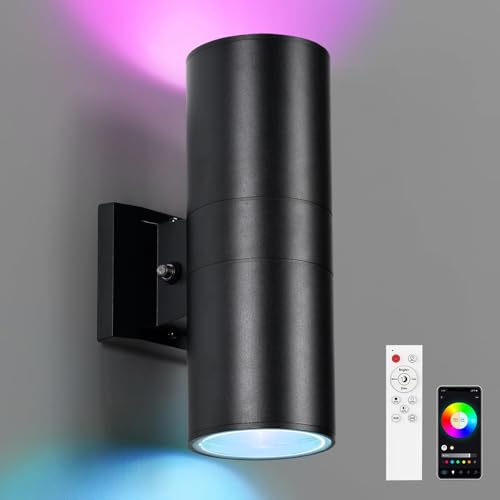 RGBCW Outdoor Wall Light 1 Pack, Smart Porch Light Dusk to Dawn Lighting with Remote Control, WiFi Outdoor Wall Sconce, Compatible with Alexa, Exterior Lights for House Porch Garage - color: Black-Cylinder 1, size: 1 Pack