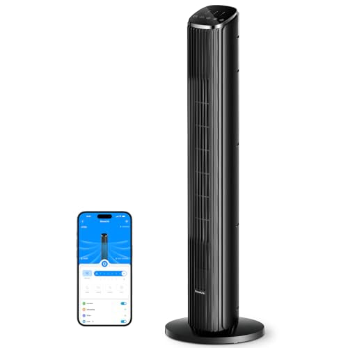 GoveeLife Black Tower Fan for Bedroom, 36" Smart Floor Fan with App/Voice Control, Temperature Sensor, 5 Modes 8 Speeds(25ft/s), 29dB Quiet Oscillating Fan for Office, 24H Timer, Auto Cooling - color: Black