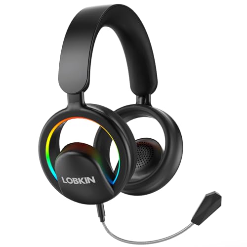 LOBKIN Open Ear Headphones, Bluetooth 6.0 Wireless Headset with Detachable Mic, Adjustable RGB Lights, Voice Assistant Comfortable Breathable Safe Lightweight Over Ear Headphones for Working Gaming