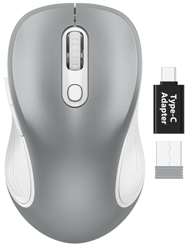 Trueque Wireless Mouse for Laptop, Ergonomic 6-Button Mouse, Silver Grey | 2.4GHz USB receiver, back/forward buttons, 3 adjustable DPI levels, silent clicks, USB-C adapter, Windows/Mac/Chrome OS/Linux - color: Silver Grey, size: 1 Pack