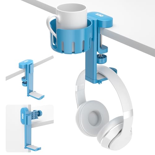 KDD 2 in 1 Headphone Hanger with Desk Cup Holder - Under Desk Clamp Rotatable Headset Holder - Suitable for Coffee Mups, Water Cups, Headphone(Blue)