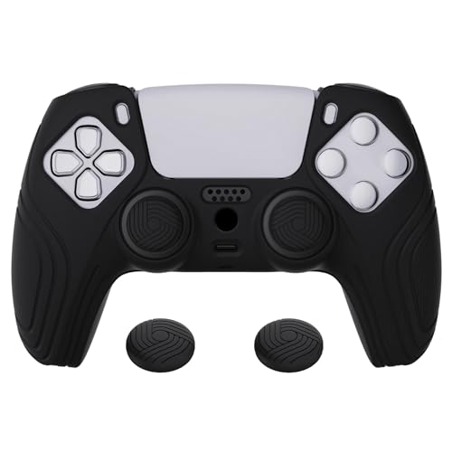 eXtremeRate PlayVital Samurai Edition Black Anti-Slip Controller Silicone Skin for ps5, Ergonomic Soft Rubber Protective Case for ps5 Controller with Black Thumb Stick Caps - color: Black