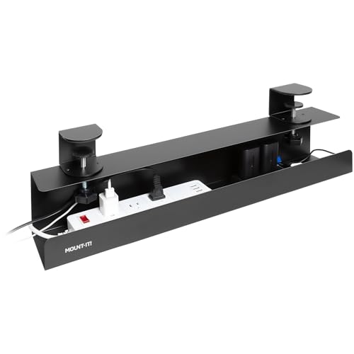 Mount-It! Under Desk Cable Management Tray – Clamp-On No-Drill Metal Cable Management Tray for Desk & Standing Desk, Wire & Cord Organizer for Power Strips, Glass Desks – 23.6” Black