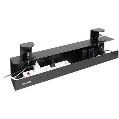 Mount-It! Under Desk Cable Management Tray – Clamp-On No-Drill Metal Cable Management Tray for Desk & Standing Desk, Wire & Cord Organizer for Power Strips, Glass Desks – 23.6” Black