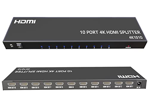 KAGO 4K 10 Port HDMI Splitter 1 in 10 Out Powered Distributor | 1x10 Mirror Display, 4K@30Hz & 3D, HDCP 1.4, Metal Housing, 12V Power Adapter