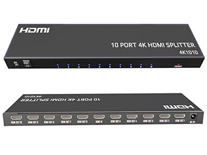 KAGO 4K 10 Port HDMI Splitter 1 in 10 Out Powered Distributor | 1x10 Mirror Display, 4K@30Hz & 3D, HDCP 1.4, Metal Housing, 12V Power Adapter