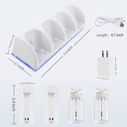 4 in 1 Wii Remote Charger,Charging Station with 4 Pack 2800mAh Rechargeable Battery,Plugs,USB Cable for Wii/Wii U Remote Controller (White) - color: White