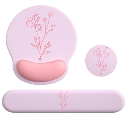 Mouse Pad with Keyboard Wrist Rest,Ergonomic Mouse Pad Wrist Support PU Base with Coaster,Mousepad with Nonslip Base for Computer Laptop Keyboard Home&Office - color: J-Pink Plants