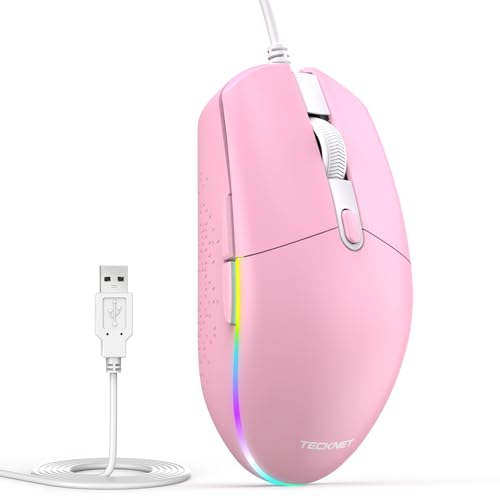 TECKNET Wired Mouse with RGB Backlit, Full Size Mouse with Side Buttons | Up to 8000 DPI, Plug and Play Silent Corded USB Computer Mouse, 7 Adjustable RGB Lighting Modes, Office and Gaming Mice - color: Pink