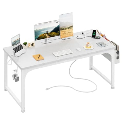DurayLoly 55 x 24 inch Desk, 24mm Thick Heavy Duty Computer Desk with RGB LED & Power Outlets, Gaming Desk with Detachable Stand, Hooks & Storage Bag, 150LBS Load Capacity, White - color: White, size: 55 Inch