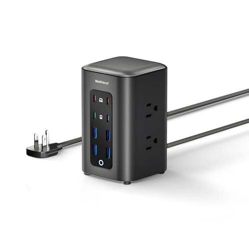 TenTrend Power Strip Tower, 230W Total Fast Charging Station for Multiple Devices, 10FT Extension Cord Tower with 6 Outlets 8 USB(4 USB C), 2000J Surge Protector for Home Office, Dorm Essentials - color: Black/Blue, size: 10FT