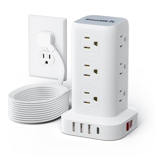 Extension Cord with Multiple Outlets, SMALLRT Flat Plug Power Strip Tower, Power Bars with USB 12 AC Outlets, 16.5FT Ultra Thin Extension Cord for Home Office, Overload Protection - color: White, size: 16.5 Ft without wireless charging
