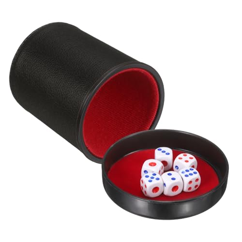uxcell Felt Lined Professional Dice Cup, PU Leather Quiet Shaker Cups with Lid Includes 6 Dot Dice for Bar Gatherings Party Board Games, Black